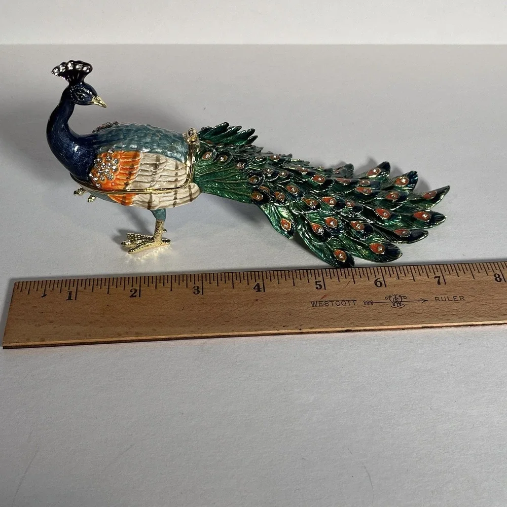 Peacock Enameled Metal Hinged Trinket Box w/ Austrian Crystals Figurine